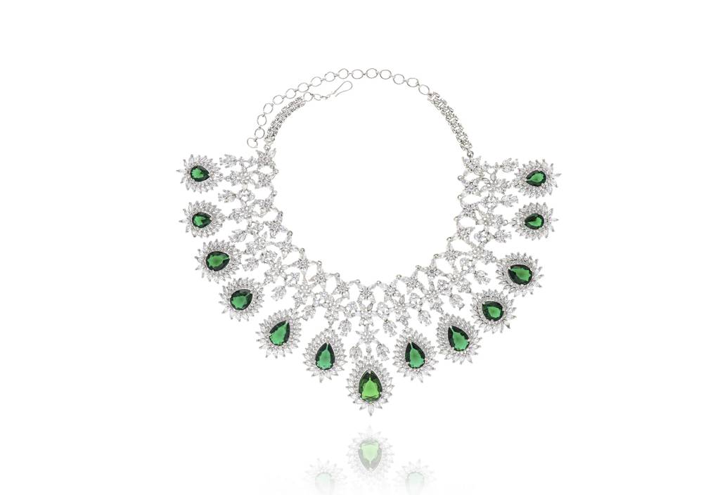 Feathered Green Diamante Cubic Zirconia Necklace Set : WFSC110