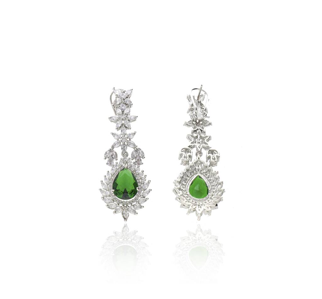 Feathered Green Diamante Cubic Zirconia Necklace Set : WFSC110