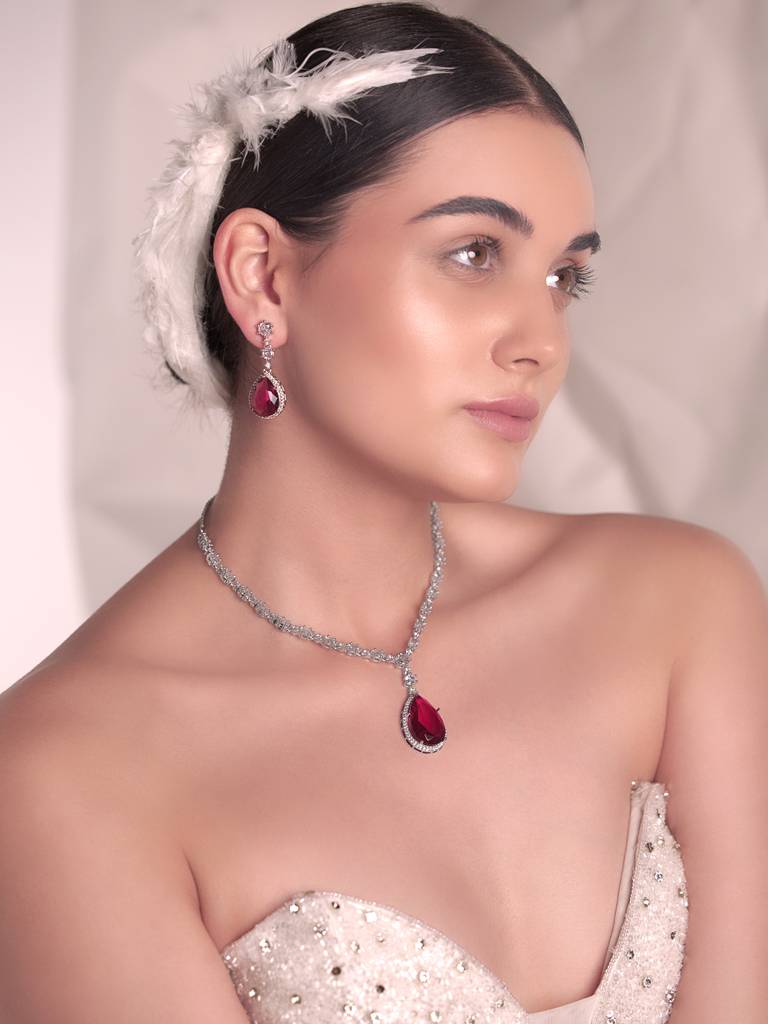 Garnet Glow Drop Cz Necklace Set : WFSC123