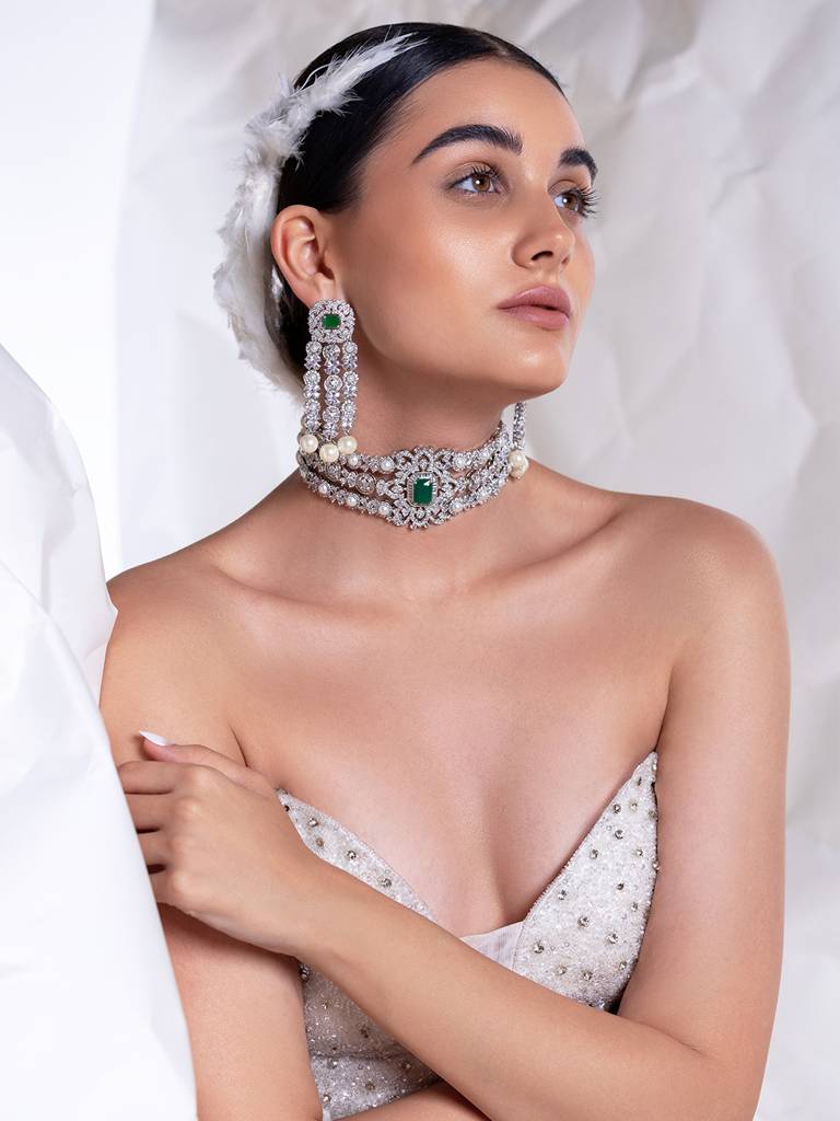 Oyester And Green Cz Choker Set : WFSC147