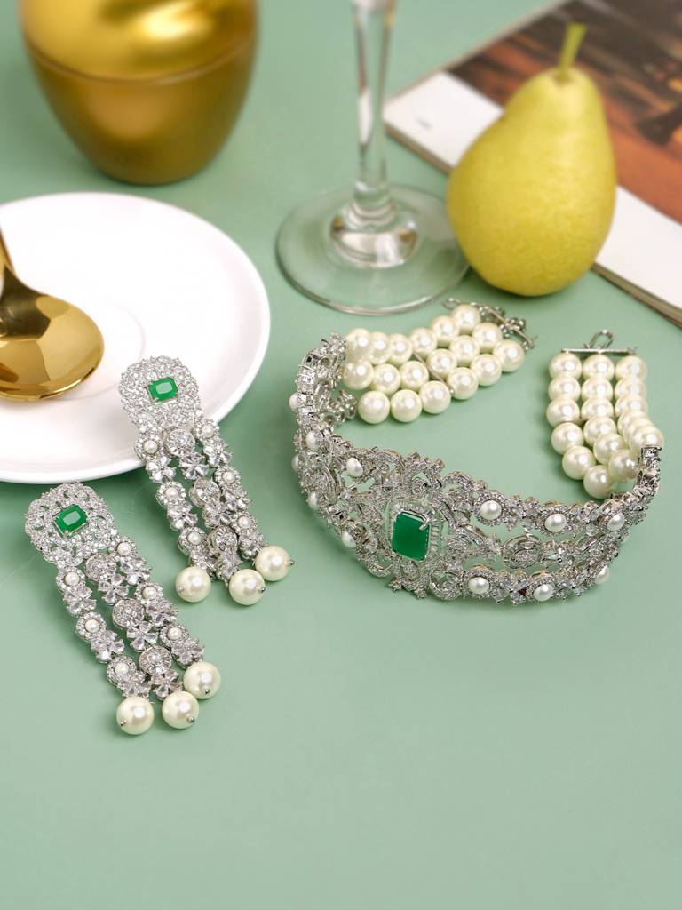 Oyester And Green Cz Choker Set : WFSC147
