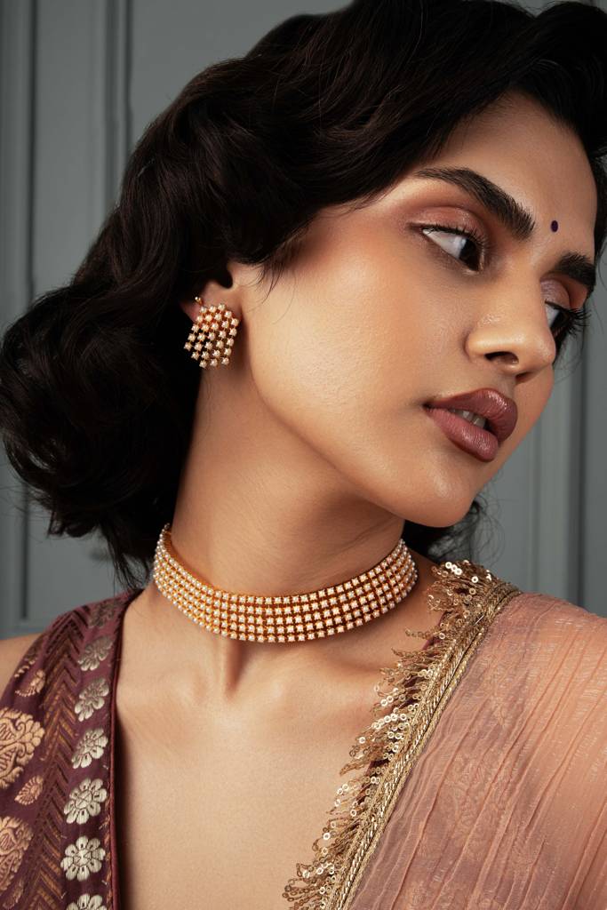 Meira Gold Toned Pearly Choker Necklace Set : WFSE112