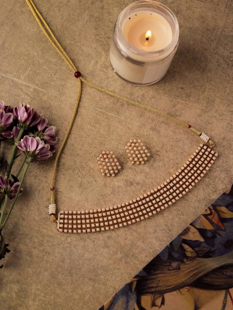 Meira Gold Toned Pearly Choker Necklace Set : WFSE112