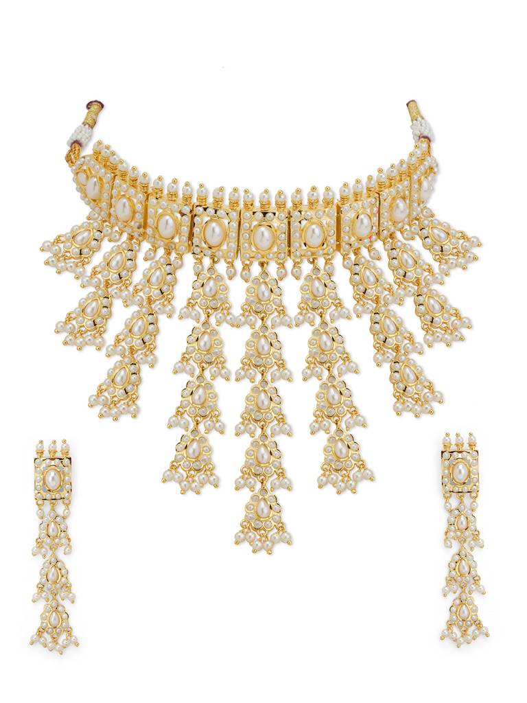 Meira Cascading Pearls Jadau Choker Neckace Set : WFSE113