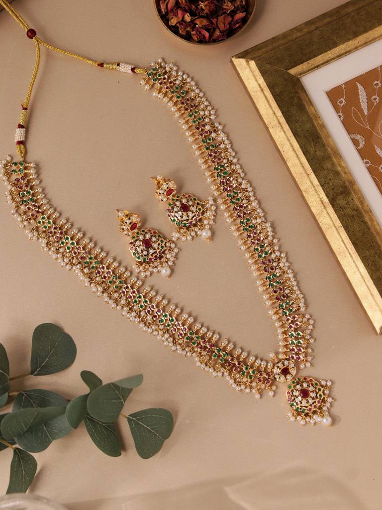 Meira Floral Jadau Multicoloured Long Necklace Set : WFSE114