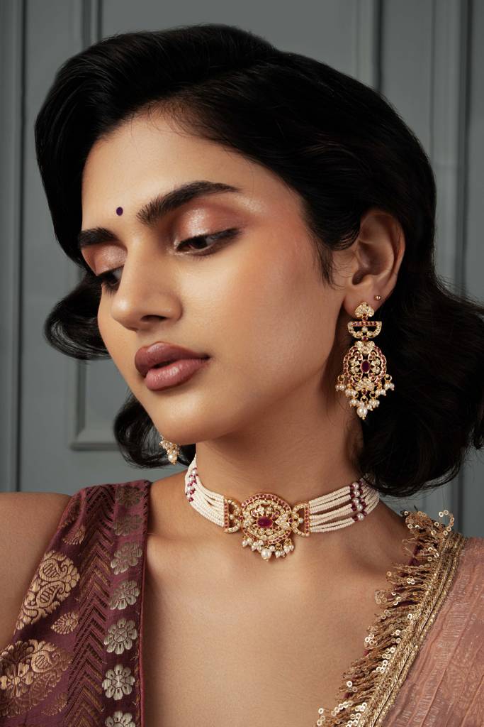 Meira Blush And Gold Choker Necklace Set : WFSE116