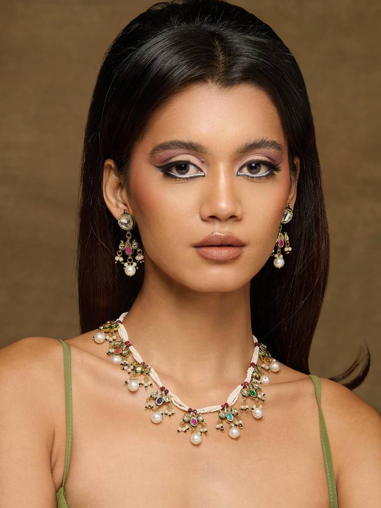 Pearl Strung Navratna Necklace Set : WFSE176