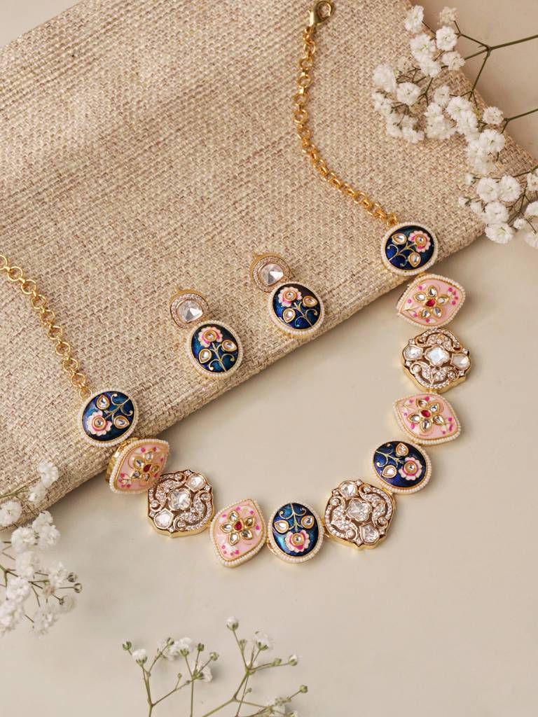 Meira Indigo Blush Enamel Necklace Set : WFSE181