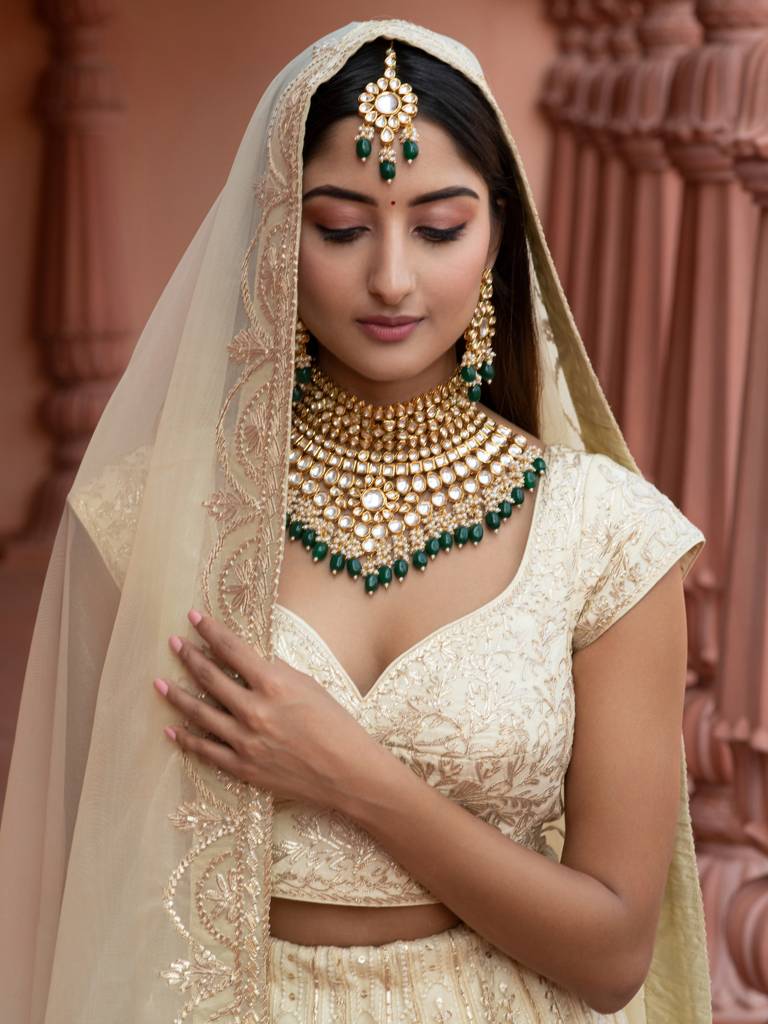 Bridal Kundan And Green Stones High Neck Choker Set : WFSE20