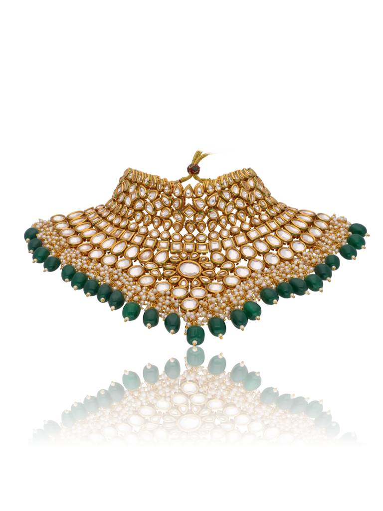 Bridal Kundan And Green Stones High Neck Choker Set : WFSE20