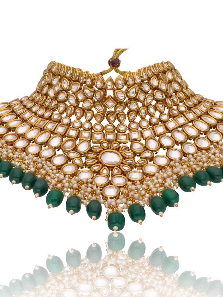 Bridal Kundan And Green Stones High Neck Choker Set : WFSE20