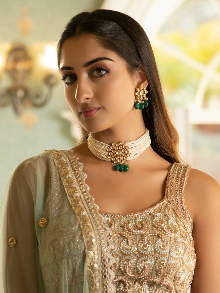 Bridal Kundan And Pearls Embellished Choker Set : WFSE31