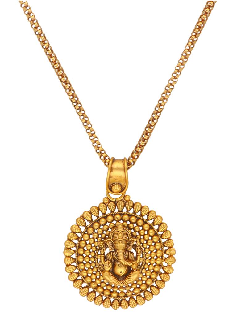 22K Gold Plated Ganesha Centered Pendant Set With Earrings : WFSE67