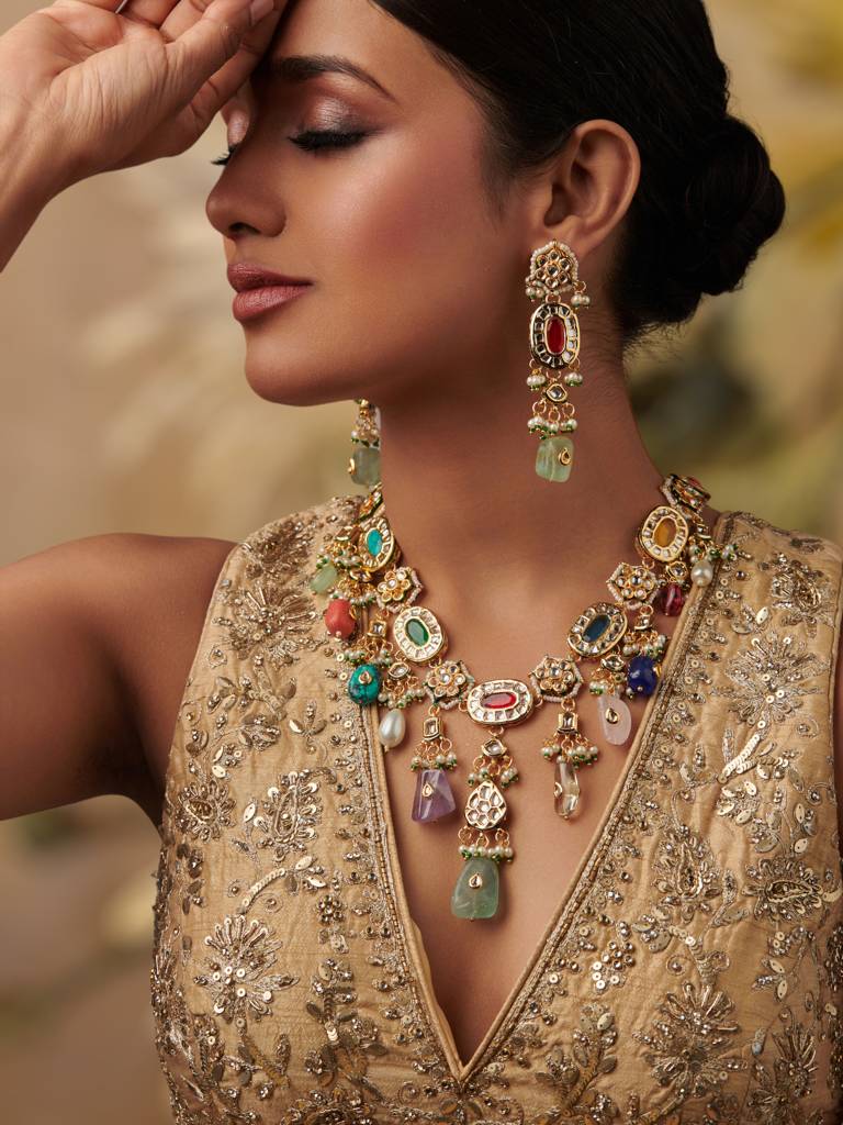 Victorian Elegance: Multicolored Kundan Necklace Set With Earrings : WFSE85