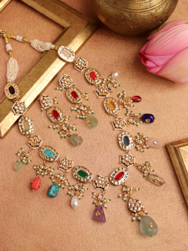 Victorian Elegance: Multicolored Kundan Necklace Set With Earrings : WFSE85