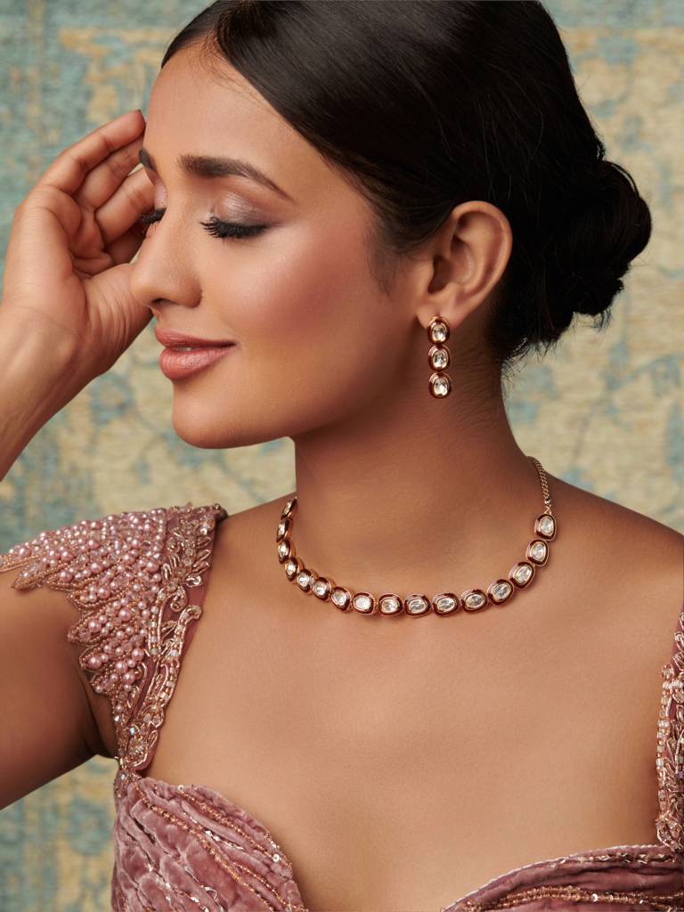 18 Kt Gold-Plated Kundan Polki Enamelled Choker Set : WFSE96