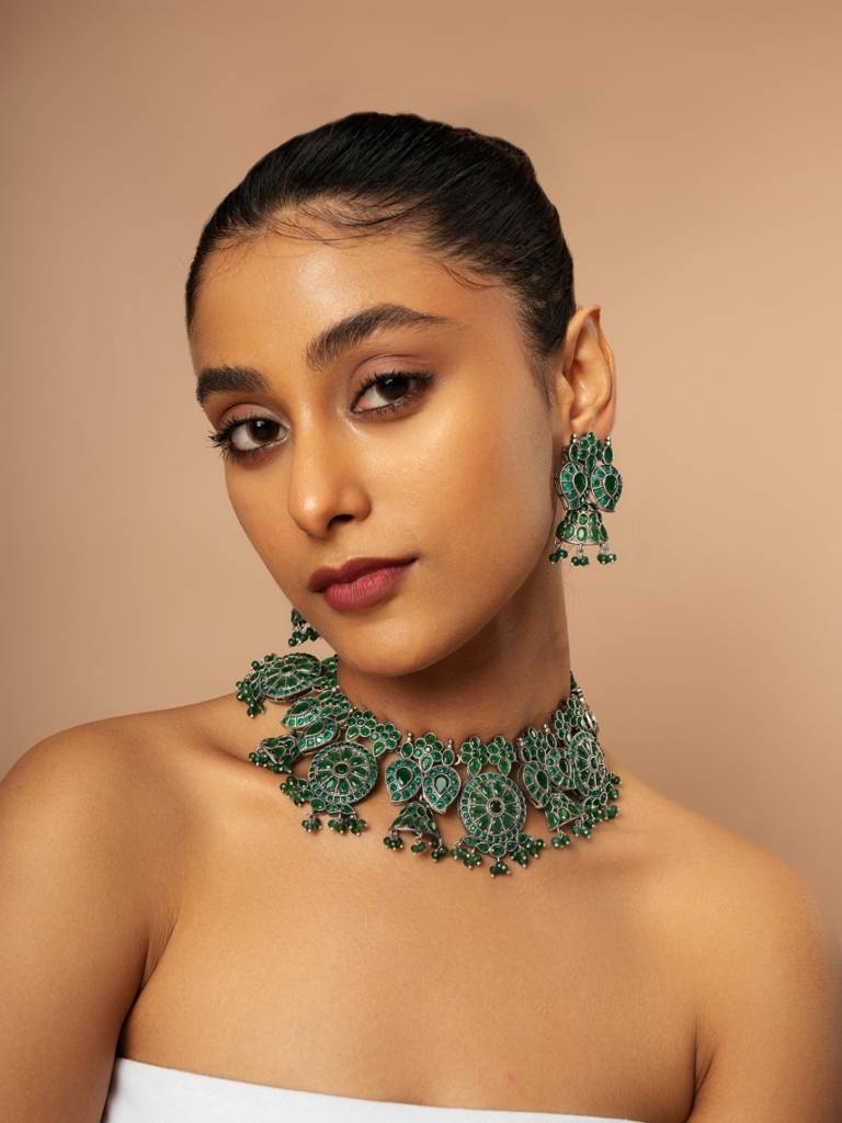 Bohemian Beauty Emerald Oxidised Necklace Set : WFSO10