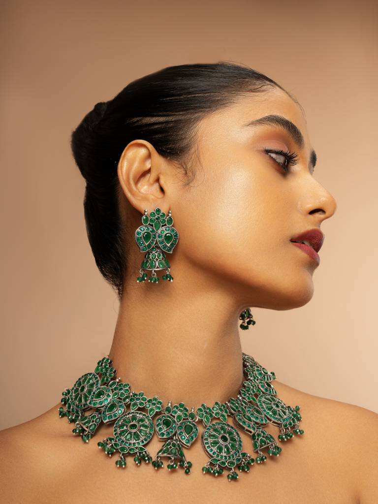 Bohemian Beauty Emerald Oxidised Necklace Set : WFSO10