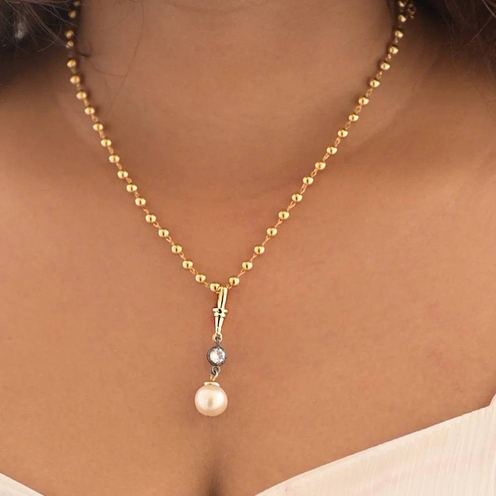 Pearl Necklace With Golden Bead Chain 92.5 Sterling Silver : WH-NK-139-GD