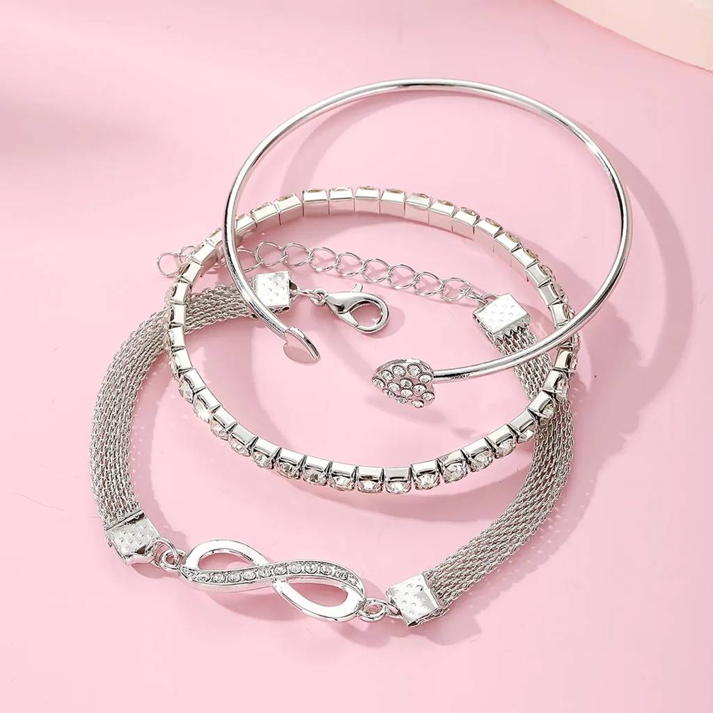 Set Of 3 Cz Studded Infinity & Heart Shaped Stacking Bracelet : WJ-JS24-BR0024