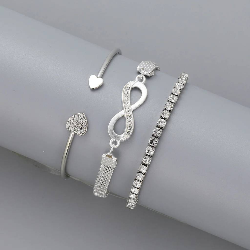 Set Of 3 Cz Studded Infinity & Heart Shaped Stacking Bracelet : WJ-JS24-BR0024