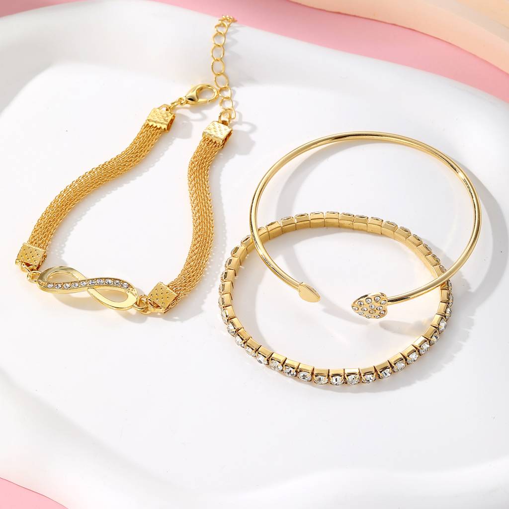 Set Of 3 Cz Studded Infinity & Heart Shaped Stacking Bracelet : WJ-JS24-BR0025