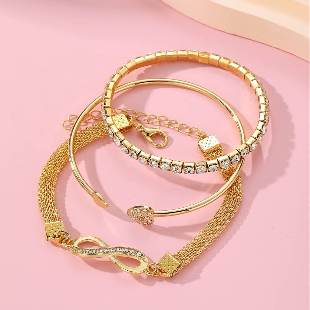 Set Of 3 Cz Studded Infinity & Heart Shaped Stacking Bracelet : WJ-JS24-BR0025