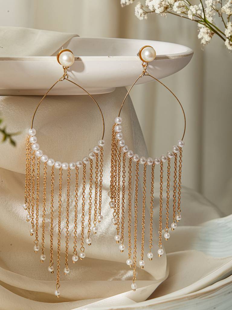 Gold-Plated Pearl Studded Contemporary Drop Earrings : WJ-JS24-ER0118