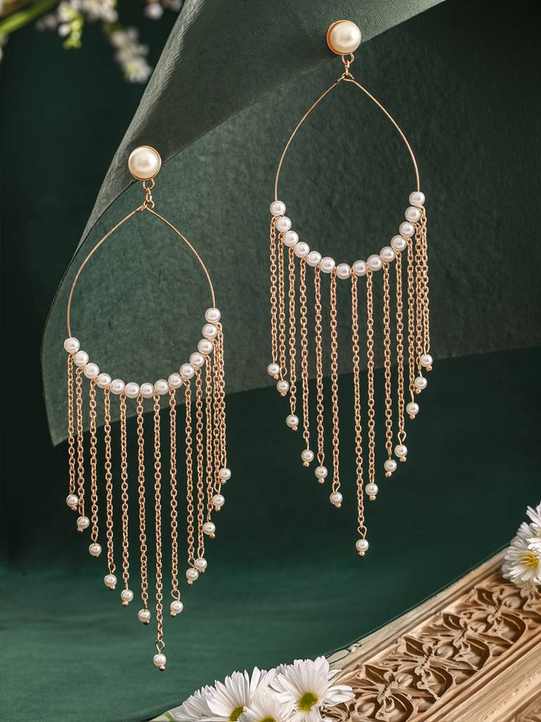 Gold-Plated Pearl Studded Contemporary Drop Earrings : WJ-JS24-ER0118