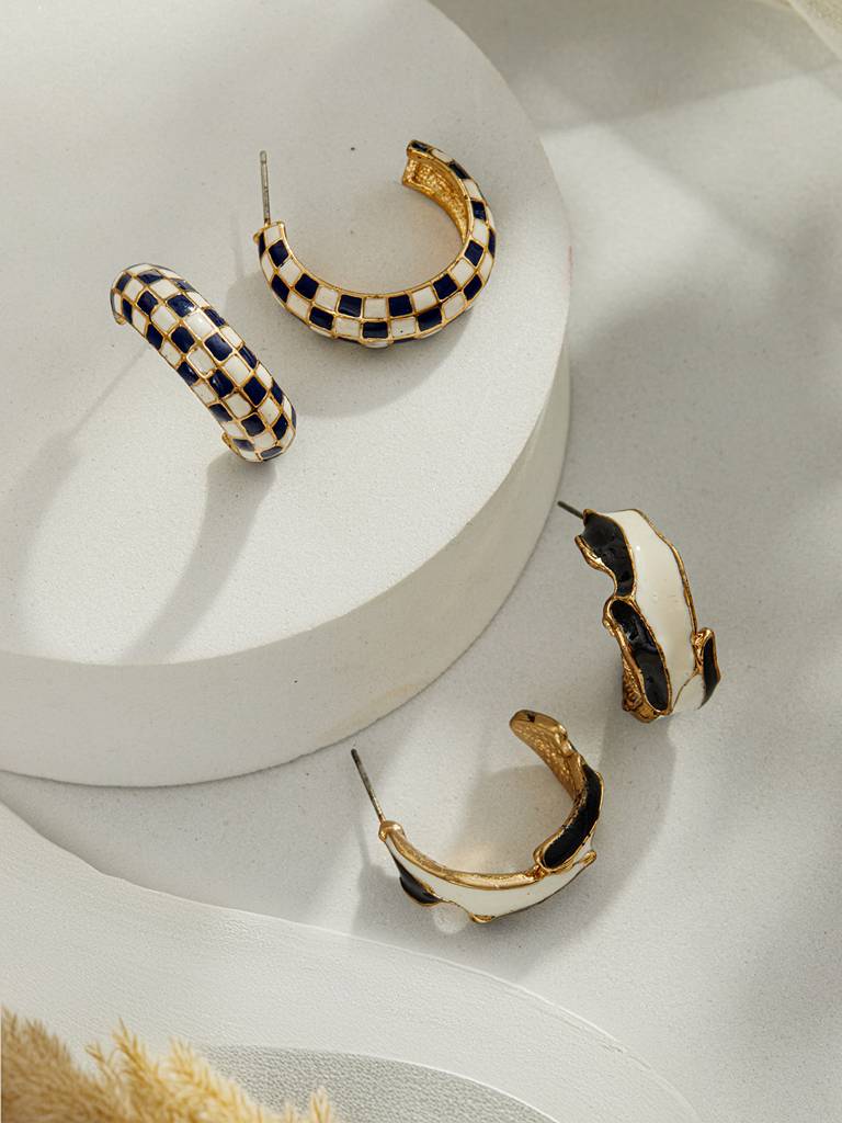 Set Of 2 Gold Plated Contemporary Half Hoop Earrings : WJ-JS24-ER0120