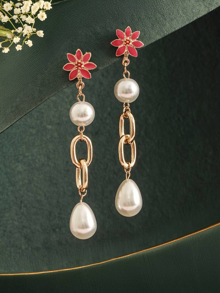 Gold Plated Pearl Beaded Floral Drop Earrings : WJ-JS24-ER0122