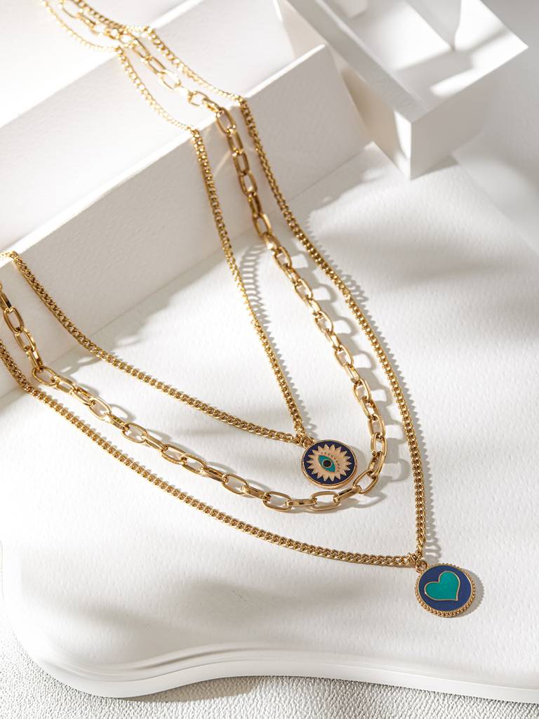 Brass Gold-Plated Evil Eye Charm Beaded Layered Necklace : WJ-JS24-NL0071