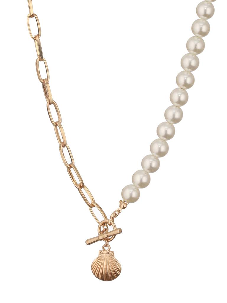 Brass Gold-Plated Pearl Beaded Shell Necklace : WJ-JS24-NL0079