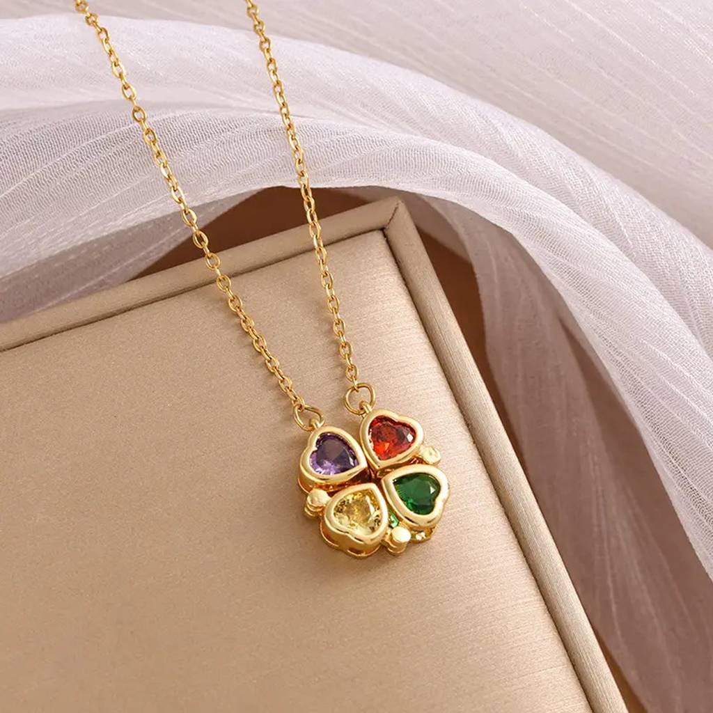 Gold Plated Stainless Steel Hearts Clover Magnetic Pendant Chain Necklace : WJ-JS24-NL0090
