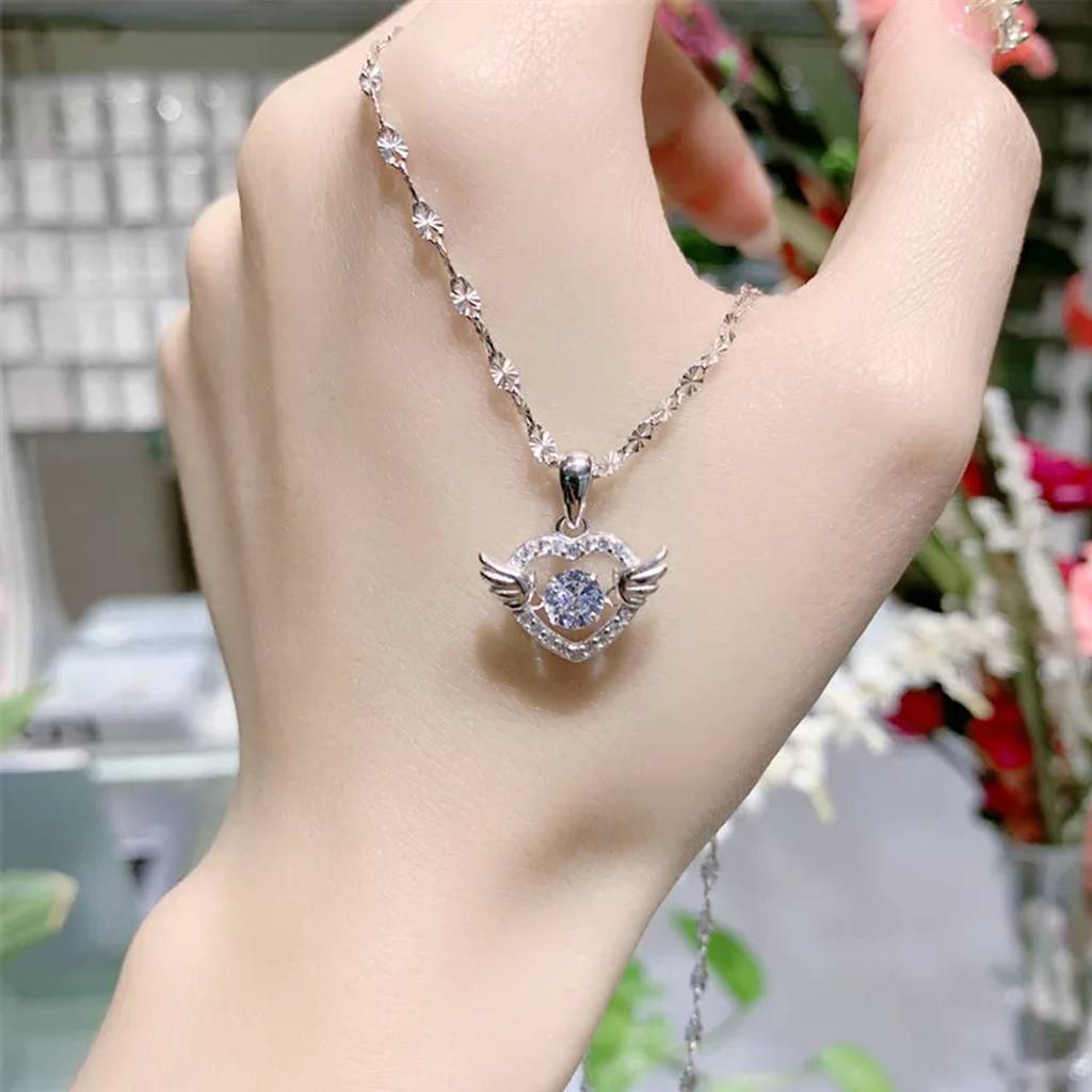 Silver-Plated Stainless Steel Angel Wing Diamond Chain Necklace : WJ-JS24-NL0091