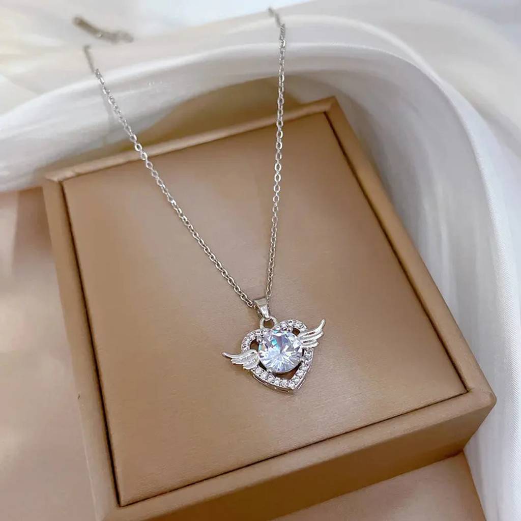 Silver-Plated Stainless Steel Angel Wing Diamond Chain Necklace : WJ-JS24-NL0091