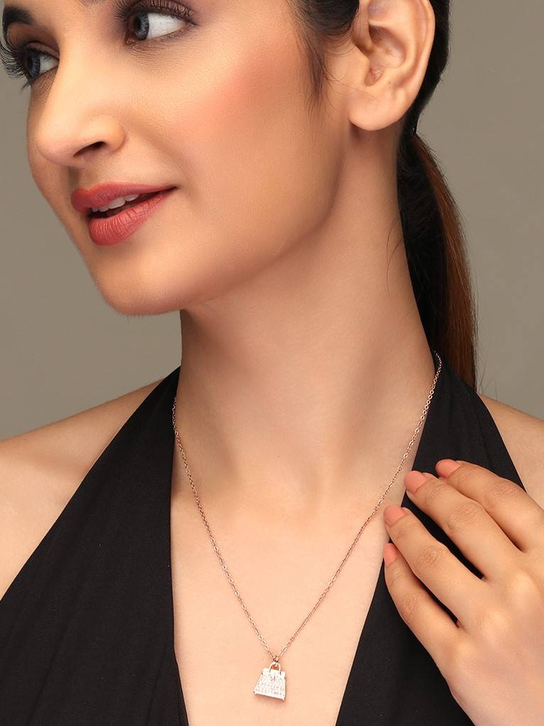 Women Rose Gold-Plated & White Ad-Studded Bag Pendant With Chain : WMNP20937