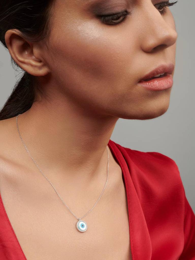 Pure Silver Disc Evil Eye Necklace : WNC001