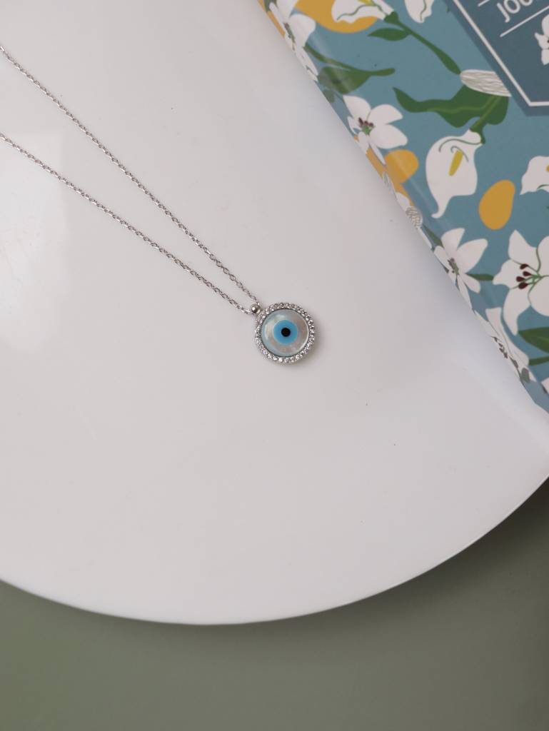 Pure Silver Disc Evil Eye Necklace : WNC001