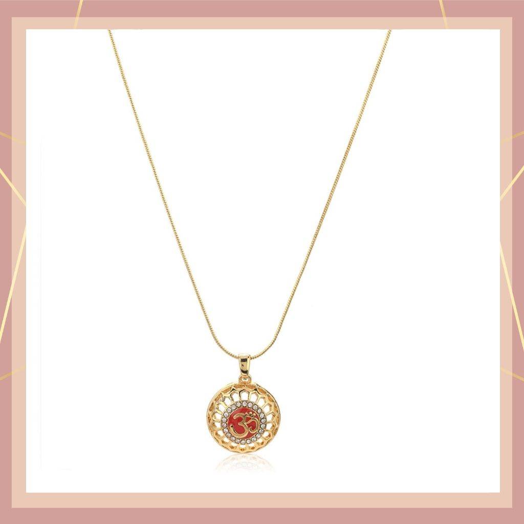 Estele Gold Plated Red Enamel Om Locket Pendant Chain With White Austrian Crystals For Girls & Women : 834PENDANT