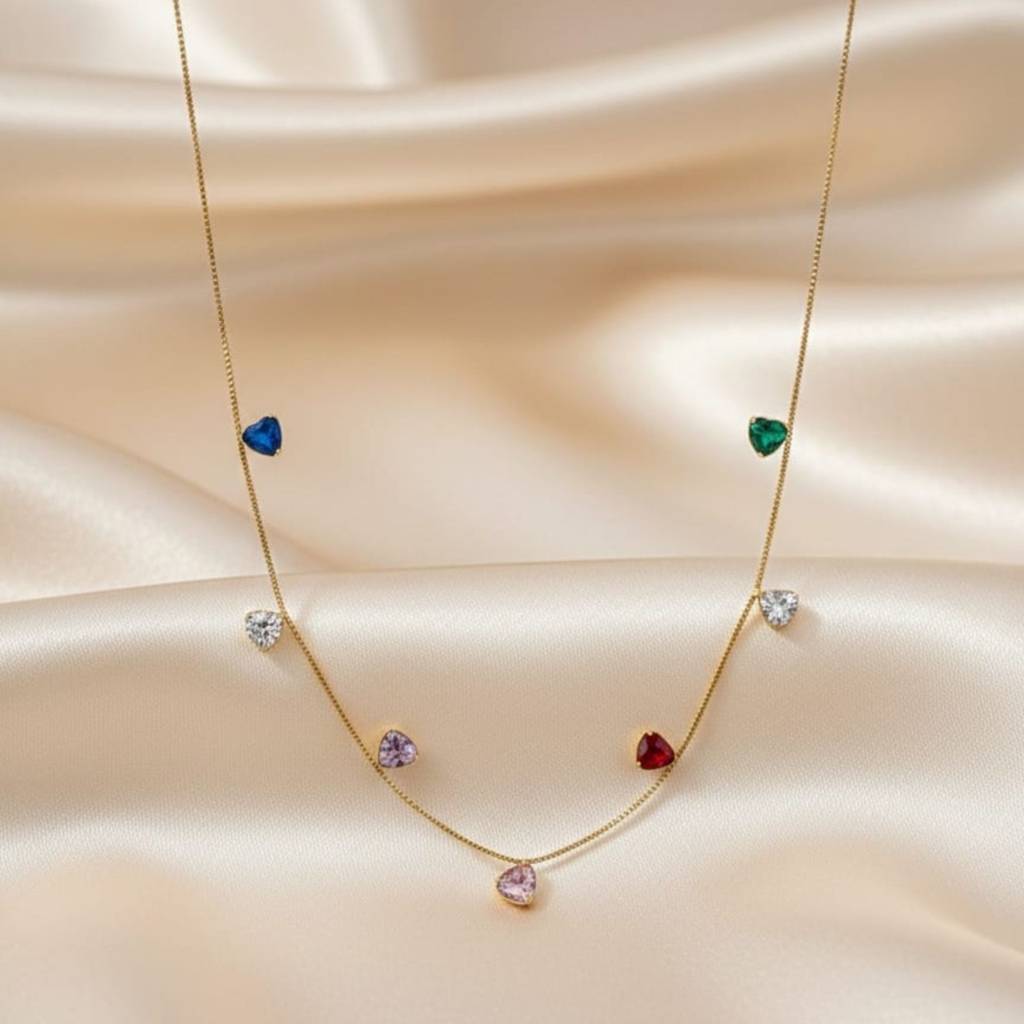18K Gold Plated Multicolour Heart Station Necklace : RJFSPN15