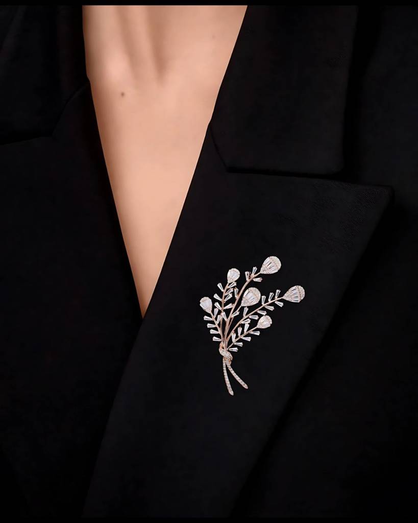 Premium Handcrafted Rose Gold Finish Floral American Diamond Bouquet Brooch With Baguettes On Pure 925 Silver : TBR7105