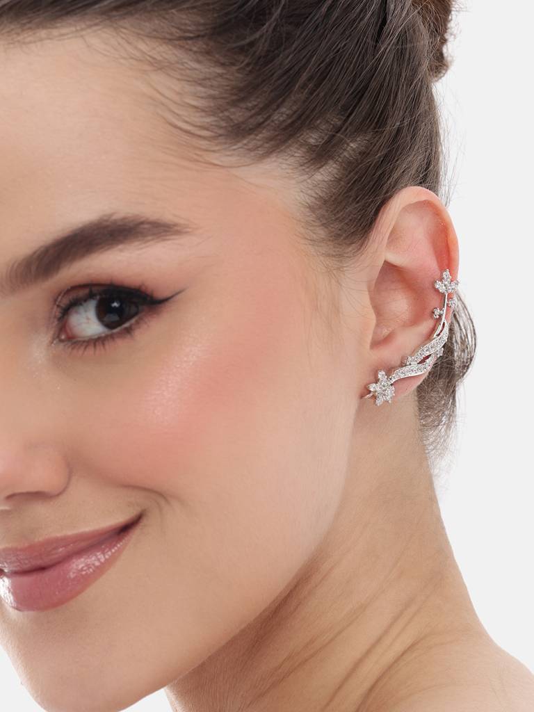 Rhodium Plated American Diamond Earcuffs : YI24A0728E