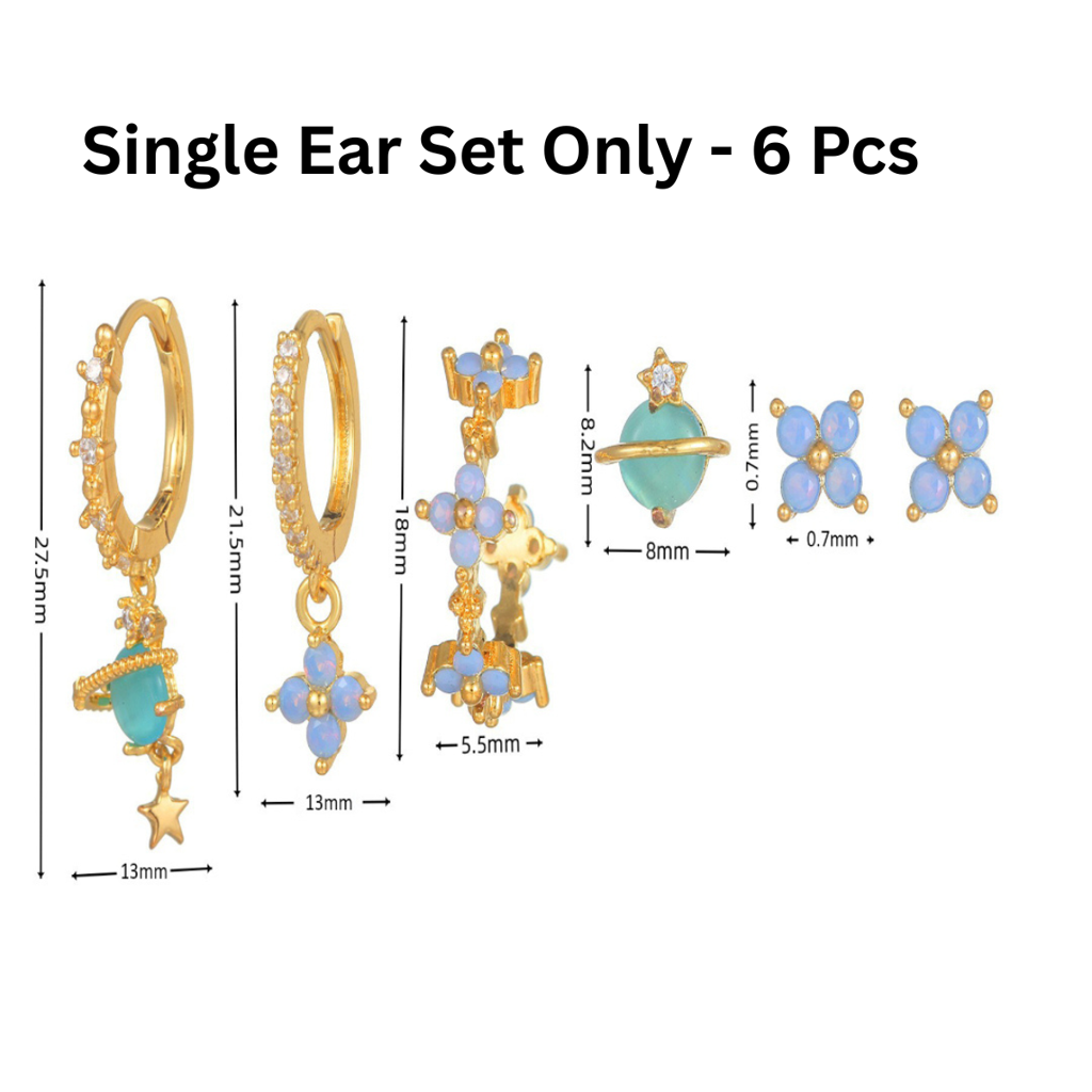 Set Of 6 18K Plated  Antitarnish Blue Floral Earring Set For Single Ear Only : AWU0125E066BL