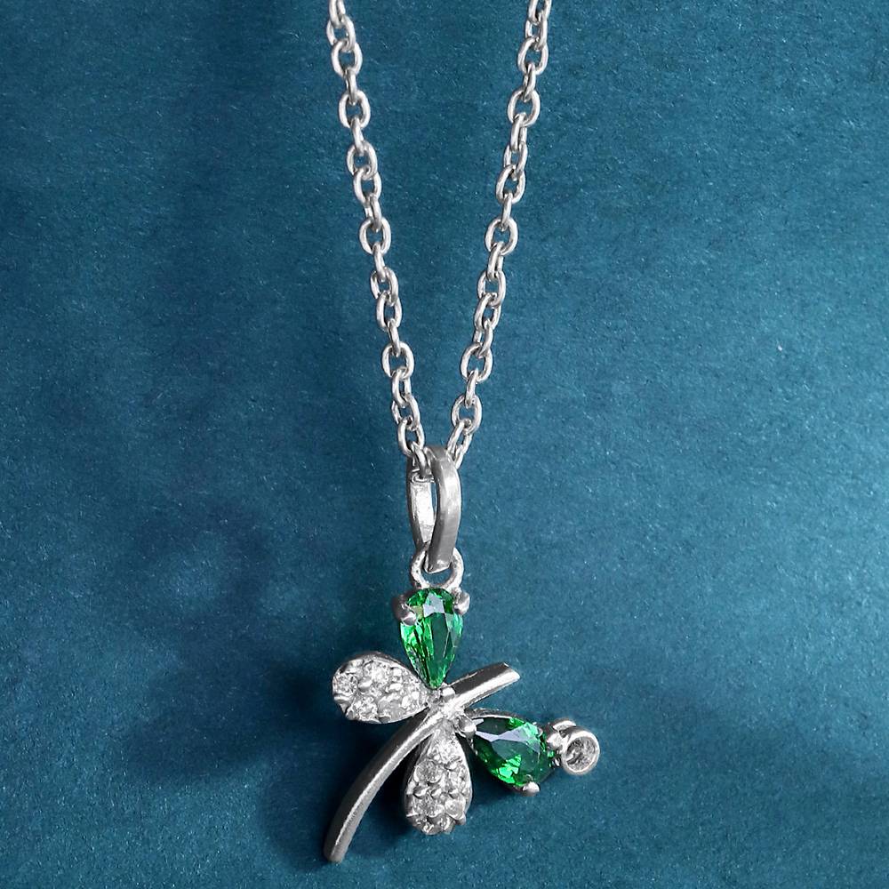Dazzle In Simplicity With Our Minimal Silver Butterfly Necklace, Accentuated By A Captivating Aaa Grade Green And White 