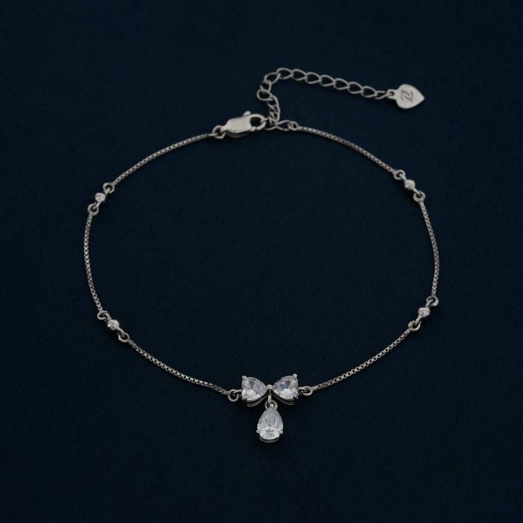 Silver Heart Teardrop Bow Anklet : ZLA-1012