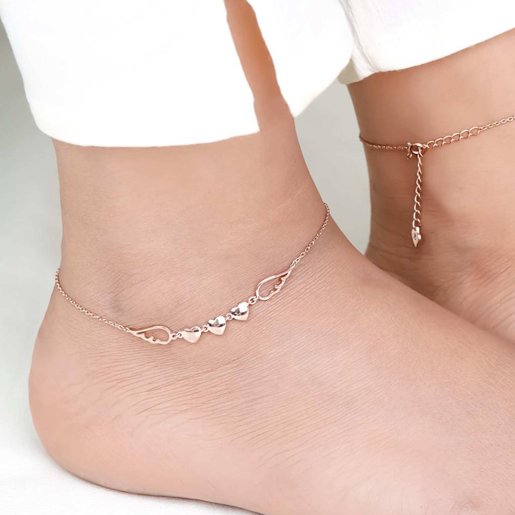 Rose Gold Triplet Heart & Wings Anklet : ZLA-1032R
