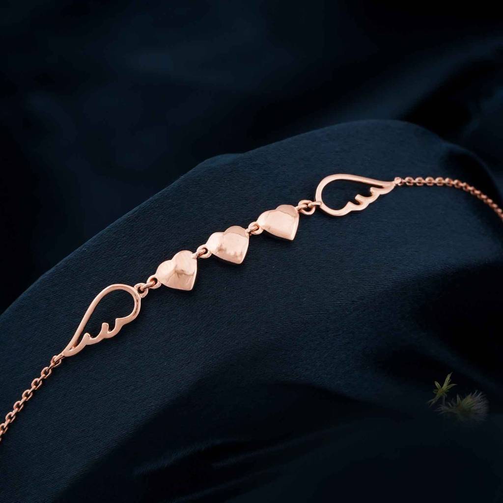 Rose Gold Triplet Heart & Wings Anklet : ZLA-1032R