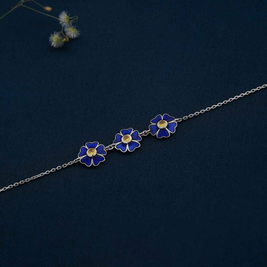 Silver Blue Enamel Floral Anklet : ZLA-1033