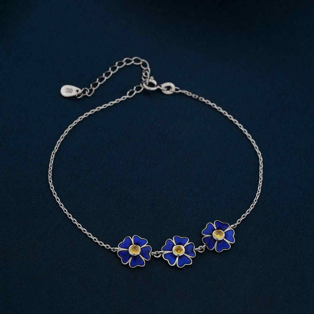 Silver Blue Enamel Floral Anklet : ZLA-1033P